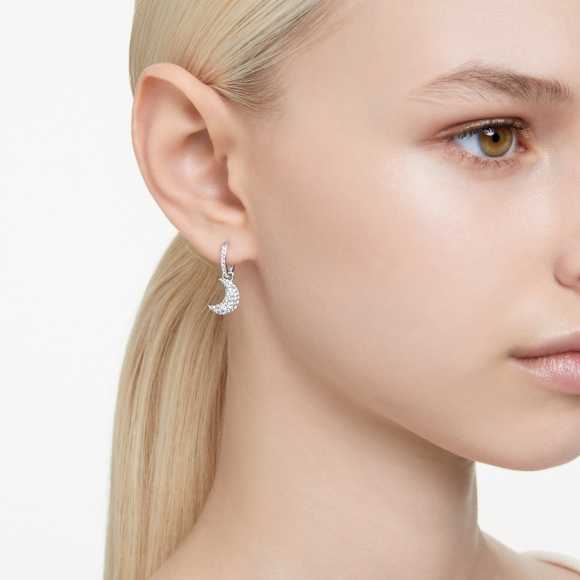 Luna drop earrings, Moon, White, Rhodium plated - Swarovski, 5666157