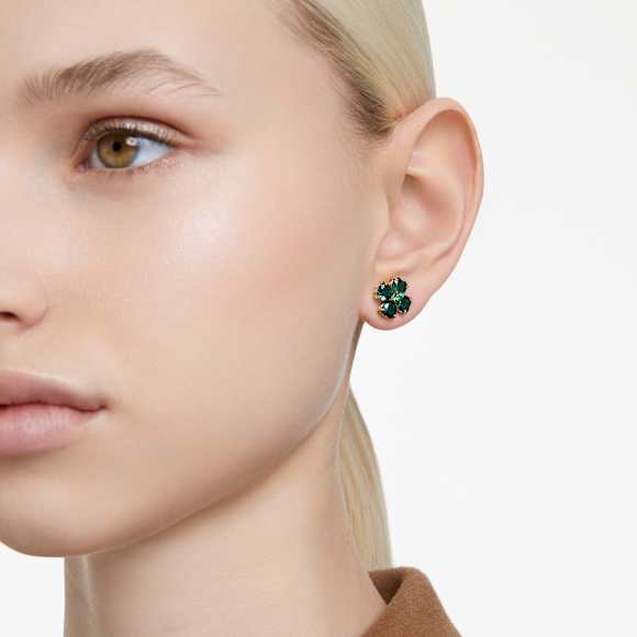 Idyllia stud earrings, Clover, Green, Gold-tone plated - Swarovski, 5666236