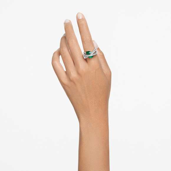 Δαχτυλίδι κοκτέιλ Hyperbola, Μείξη κοπών, Τέσσερις μπάντες, Πράσινο, Επιμετάλλωση ροδίου - Swarovski, 5666959