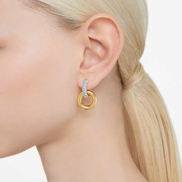 Pendientes de aro Dextera, Diseño asimétrico, Bucle entrelazado, Blancos, Baño tono oro - Swarovski, 5668818