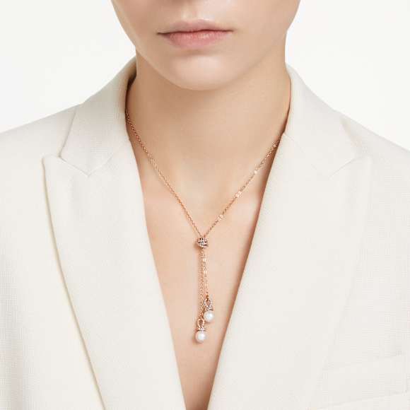 Y-obesek Originally, Kristalni biser, Bel, V videzu rožnatega zlata 18K - Swarovski, 5669521