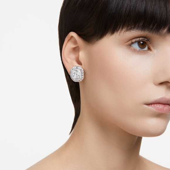Mesmera clip oorbellen, Octagon-slijpvorm, Wit, Rodium toplaag - Swarovski, 5669913