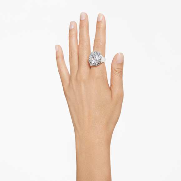 Pierścionek koktajlowy Mesmera, Szlif ośmiokątny, Biały, Powłoka z rodu - Swarovski, 5674297