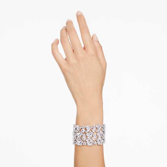 Mesmera wide bracelet, Mixed cuts, White, Rhodium plated - Swarovski, 5676532