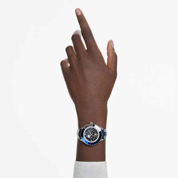 Octea Moon watch, Swiss Made, Moon, Leather strap, Blue, Stainless steel - Swarovski, 5677494