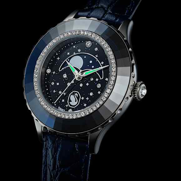 Octea moon Uhr, Schweizer Produktion, Mond, Lederarmband, Blau, Edelstahl - Swarovski, 5677494