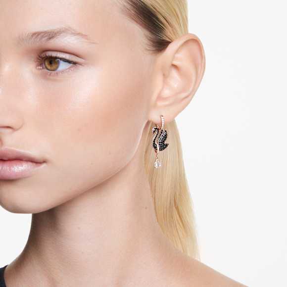 Swan drop earrings, Swan, Black, Rose gold-tone plated - Swarovski, 5678047