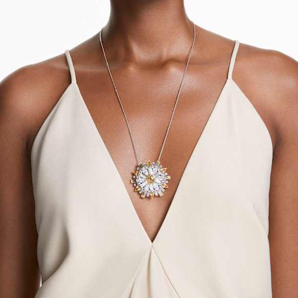 Pendentif et broche Idyllia, Tailles variées, Fleur, Long, Jaunes, Métal rhodié - Swarovski, 5679947