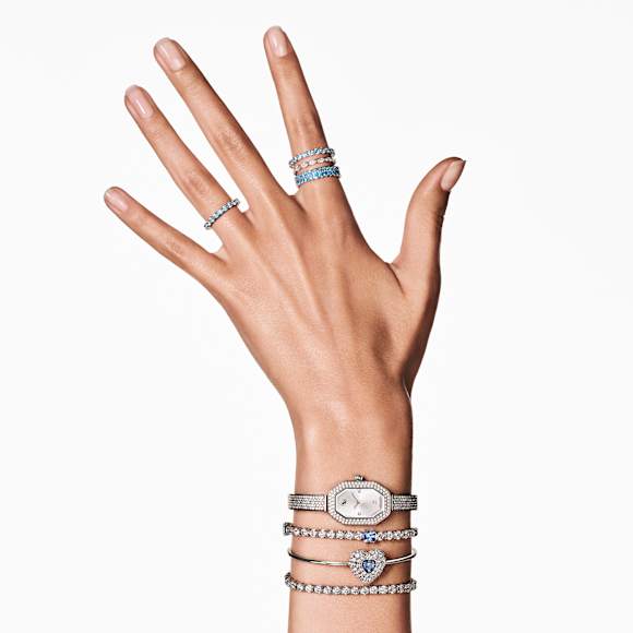 Idyllia bangle, Heart, Blue, Rhodium plated - Swarovski, 5680393
