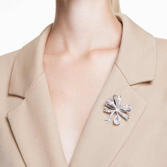 Hyperbola brooch, Bow, White, Rhodium plated - Swarovski, 5680678