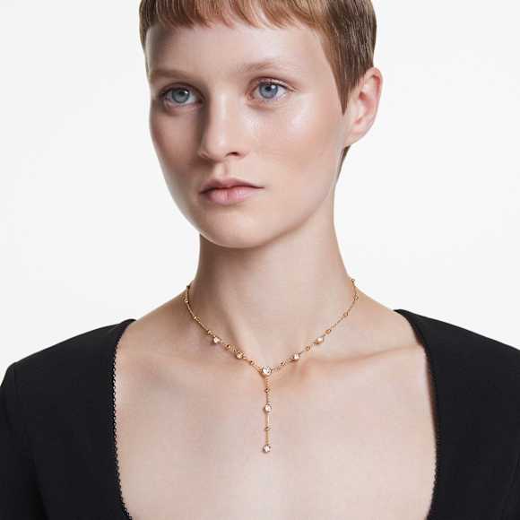 Imber Y necklace, Round cut, White, Gold-tone plated - Swarovski, 5684510