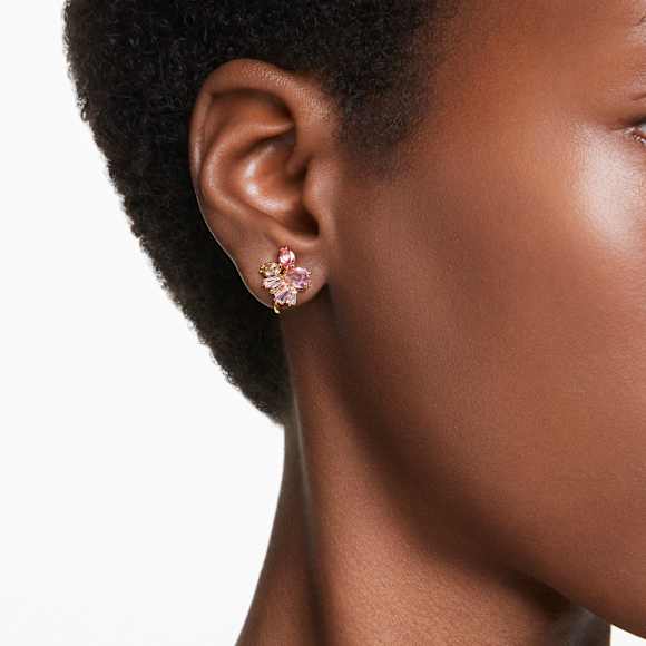 Uhani za pripenjanje Gema, Mešani rezi, Roža, Roza, PVD zlatega odtenka - Swarovski, 5688479