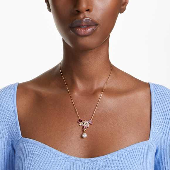 Gema pendant, Mixed cuts, Crystal pearl, Flower, Pink, Gold-tone plated - Swarovski, 5688490