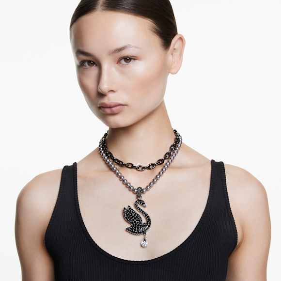 Swan choker and brooch, Crystal pearl, Swan, Black, Ruthenium plated - Swarovski, 5688747
