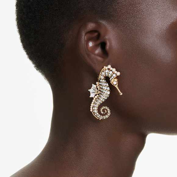 Idyllia clip earrings, Crystal pearl, Seahorse, White, Gold-tone plated - Swarovski, 5690097