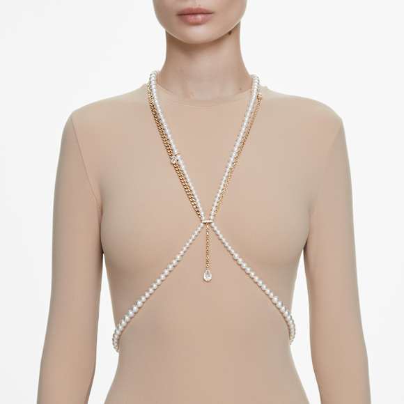 Idyllia body chain, Crystal pearls, White, Gold-tone plated - Swarovski, 5692401