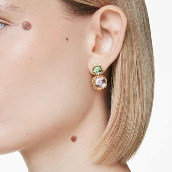 Chroma drop earrings, Cushion cut, Multicolored, Gold-tone plated - Swarovski, 5692492