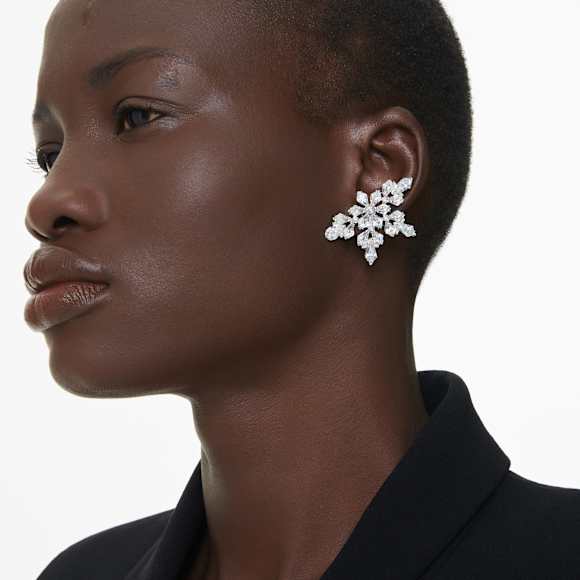 Idyllia clip earrings, Mixed cuts, Half snowflake, White, Rhodium plated - Swarovski, 5692635
