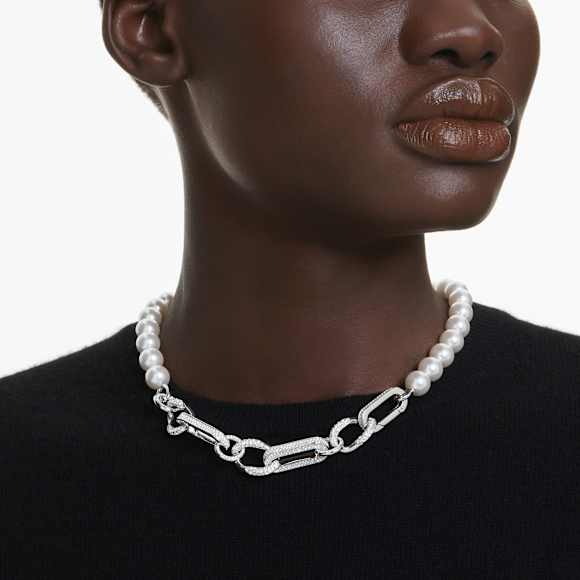 Dextera necklace, Crystal pearl, Mixed links, White, Rhodium plated - Swarovski, 5692744
