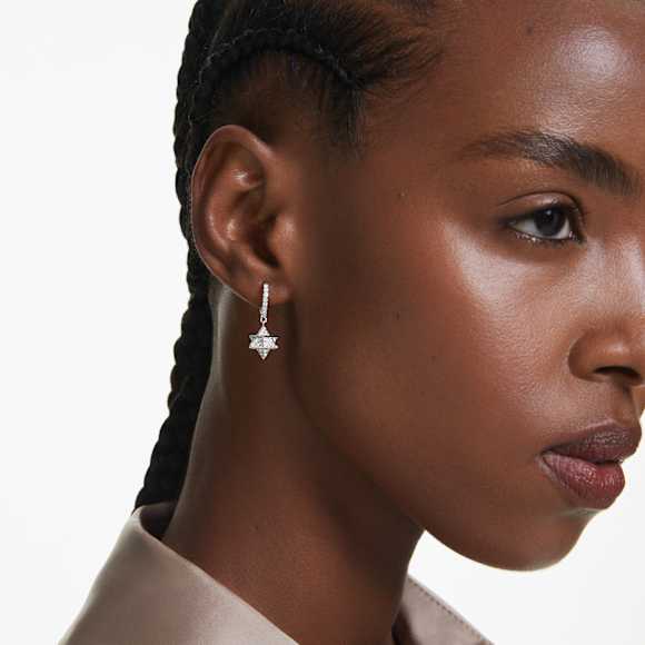 Dextera drop earrings, Asymmetrical design, Round cut, Star and sphere, White, Rhodium plated - Swarovski, 5693194