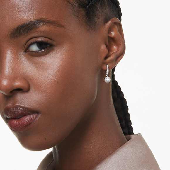 Dextera drop earrings, Asymmetrical design, Round cut, Star and sphere, White, Rhodium plated - Swarovski, 5693194