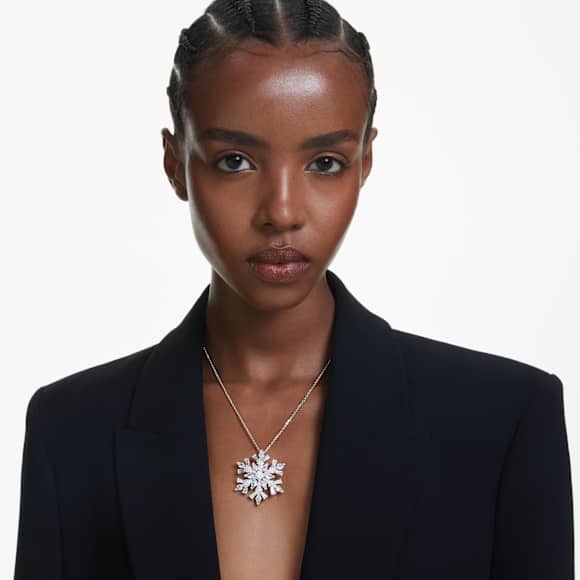 Idyllia pendant and brooch, Mixed cuts, Snowflake, White, Rhodium plated - Swarovski, 5693226