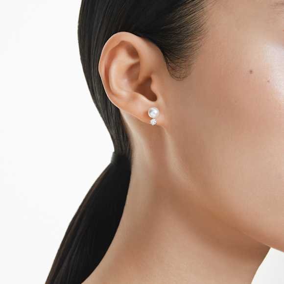 Matrix stud earrings, Crystal pearl, Round cut, White, Rhodium plated - Swarovski, 5694225