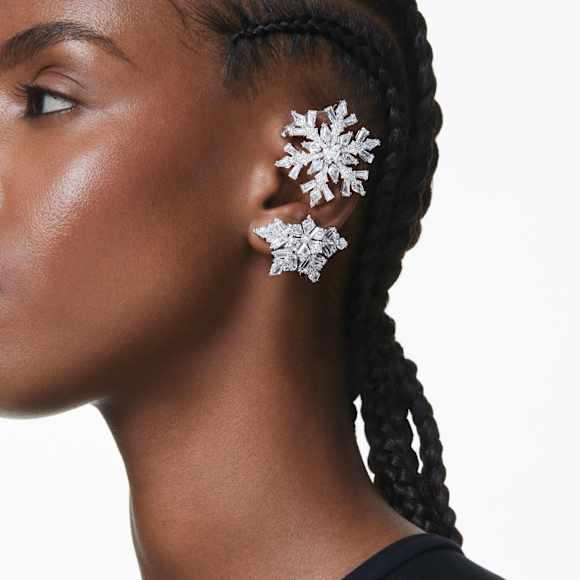 Idyllia ear cuff, Single, Mixed cuts, Snowflake, White, Rhodium plated - Swarovski, 5699970