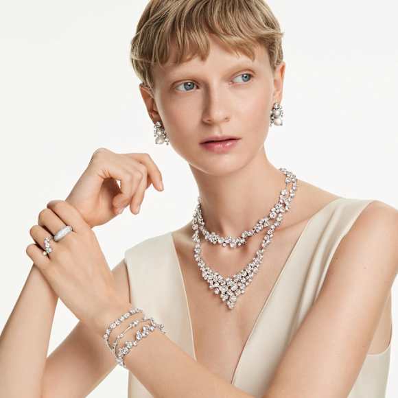 Otwarty pierścionek Constella, Kryształowa perła, Szlify okrągłe, Biały, Powłoka z rodu - Swarovski, 5705596