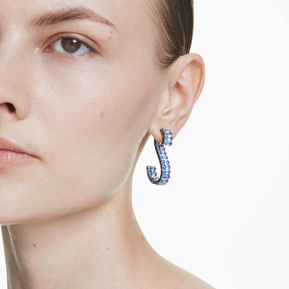 Matrix drop earrings, Baguette cut, Blue, Ruthenium plated - Swarovski, 5705780