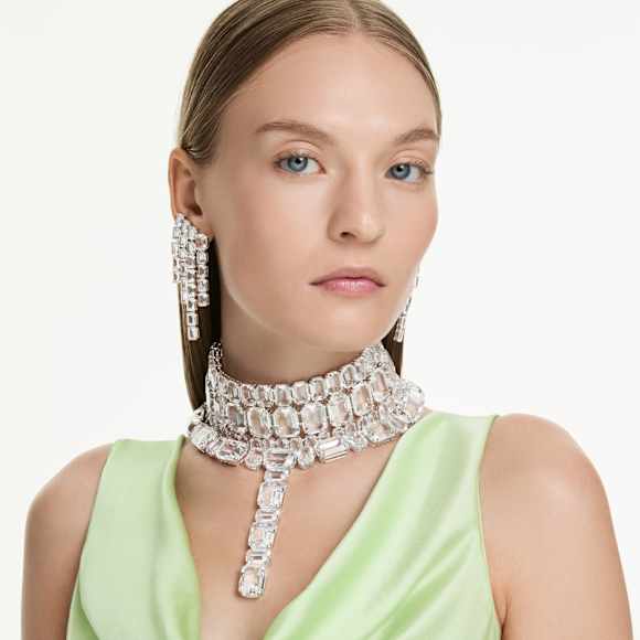Millenia clip earrings, Octagon cut, Chandelier, White, Rhodium plated - Swarovski, 5705796