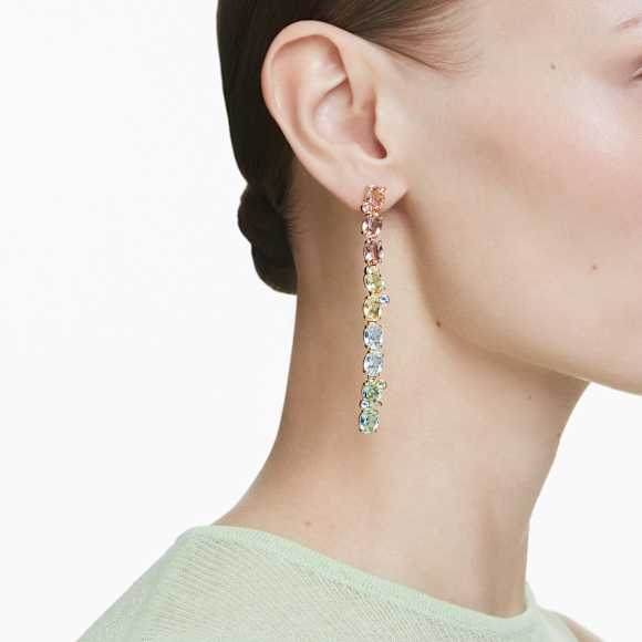 Gema drop earrings, Asymmetrical design, Mixed cuts, Long, Multicolored, Gold-tone plated - Swarovski, 5705809