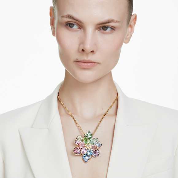 Idyllia pendant and brooch, Mixed cuts, Pavé, Flower, Multicolored, 18K gold finish - Swarovski, 5709952