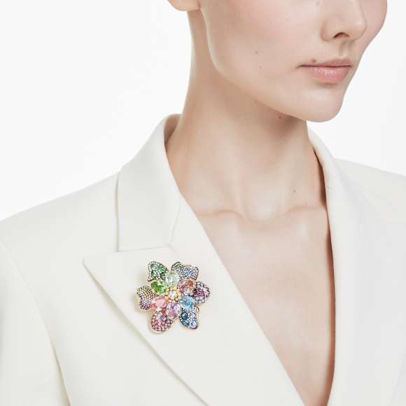Idyllia pendant and brooch, Mixed cuts, Pavé, Flower, Multicolored, 18K gold finish - Swarovski, 5709952