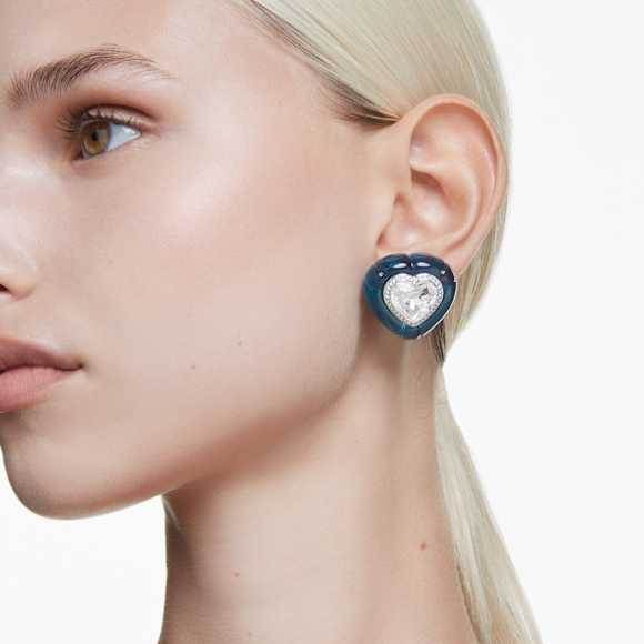 Dulcis clip earrings, Heart cut, Pavé, Heart, Blue, Rhodium plated