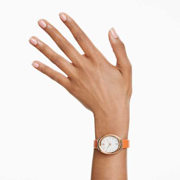 Relógio Imber oval, Fabrico suíço, Pulseira de couro, Laranja, Acabamento em rosa dourado - Swarovski, 5717543