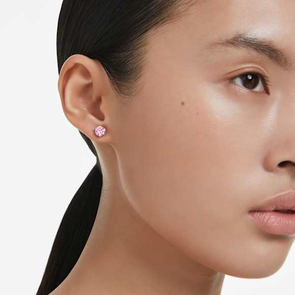 Solitaire ต่างหูเม็ดเดี่ยว, เจียระไนทรงกลม, ชมพู, เคลือบโรเดียม - Swarovski, 5717577