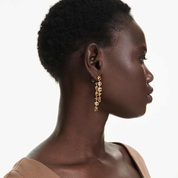 Gema drop earrings, Asymmetrical design, Mixed cuts, Long, Yellow, Gold-tone plated - Swarovski, 5718073
