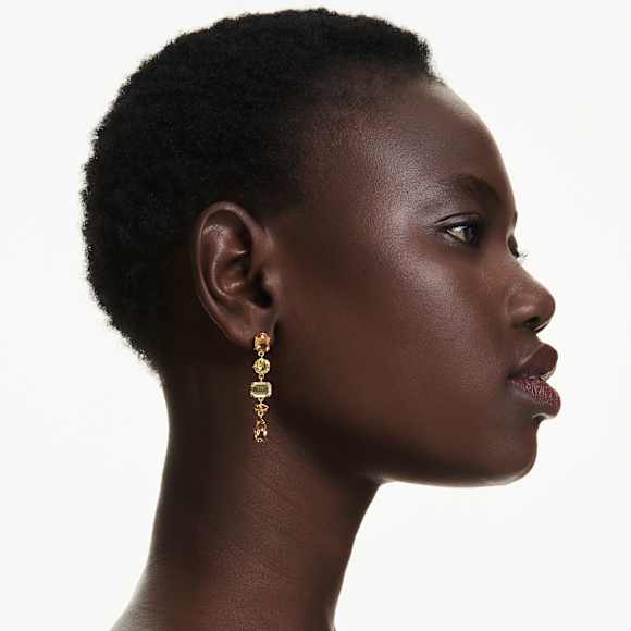 Gema drop earrings, Asymmetrical design, Mixed cuts, Long, Yellow, Gold-tone plated - Swarovski, 5718073