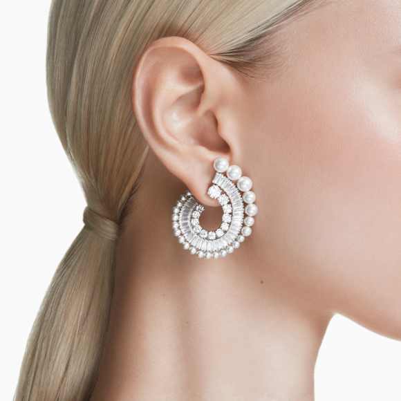 Ariana Grande x Swarovski drop earrings, Crystal Pearl, Mixed cuts, White, Rhodium plated - Swarovski, 5720869