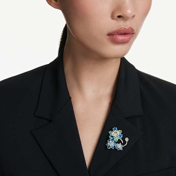 Idyllia brooch, Mixed cuts, Flower, Blue, Rhodium plated - Swarovski, 5722097