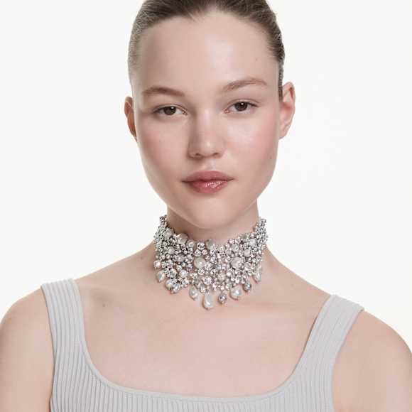 Constella 束颈项链, 仿水晶珍珠, 圆形切割, 白色, 镀铑 - Swarovski, 5722471