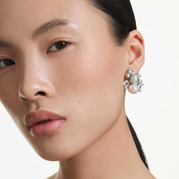 Constella earrings, Crystal pearl, Round cut, White, Rhodium plated - Swarovski, 5722498