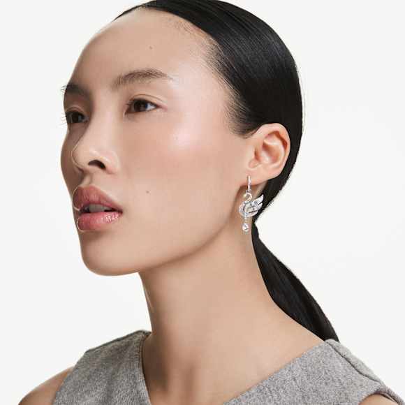 Swan 穿孔耳环, 天鹅, 白色, 镀铑 - Swarovski, 5723388