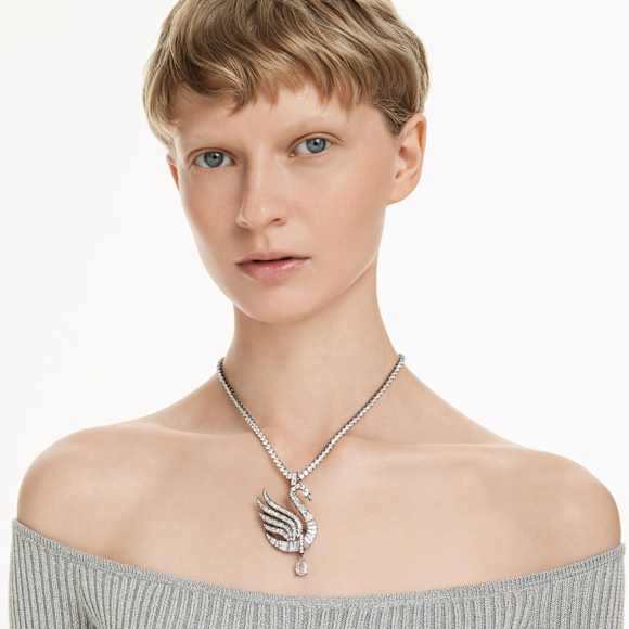 Swan pendant and brooch, Swan, White, Ruthenium plated - Swarovski, 5723411