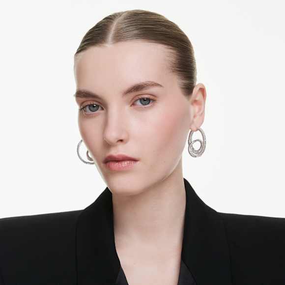 Matrix hoop earrings, Baguette cut, Ribbon, White, Rhodium plated - Swarovski, 5727113
