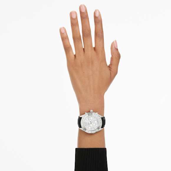 Dextera tachymetre watch, Swiss Made, Leather strap, Silver tone, Stainless steel - Swarovski, 5728378