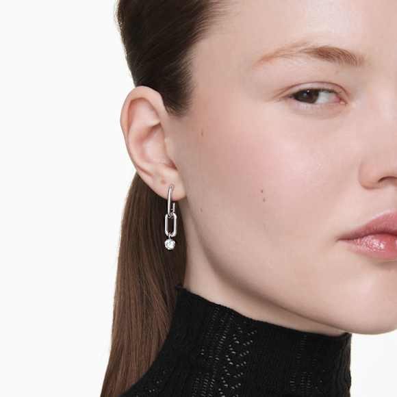 Constella drop earrings, Round cut, White, Rhodium plated - Swarovski, 5728584