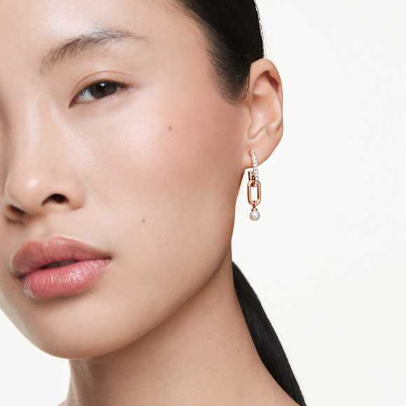 Constella drop earrings, Crystal pearl, Round cut, White, Rose gold-tone plated - Swarovski, 5728585