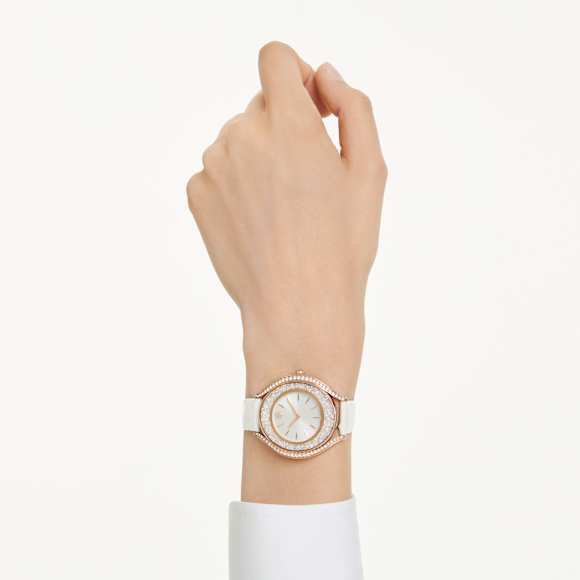 Crystalline aura 워치, 스위스 메이드, 레더 스트랩, 화이트, 로즈 골드 톤 피니시 - Swarovski, 5730146